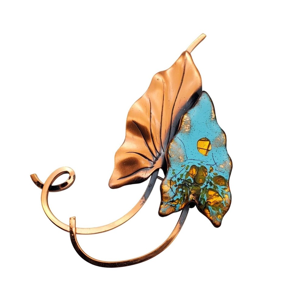 Tropical Leaf Hawaii Copper Brooch Matisse Renoir Blue Enamel Modernist MCM Pin